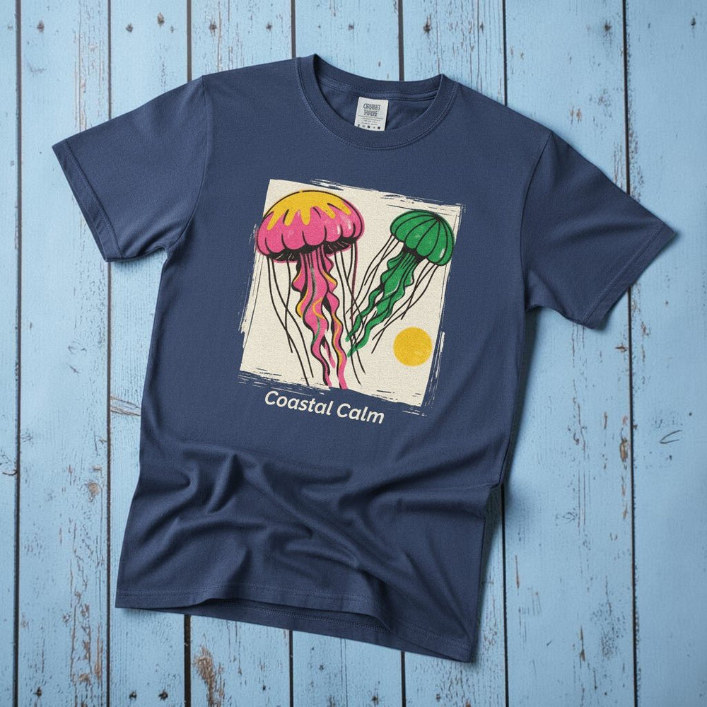 Coastal Calm Jellyfish II china blue garment-dyed tee on faded driftwood planks