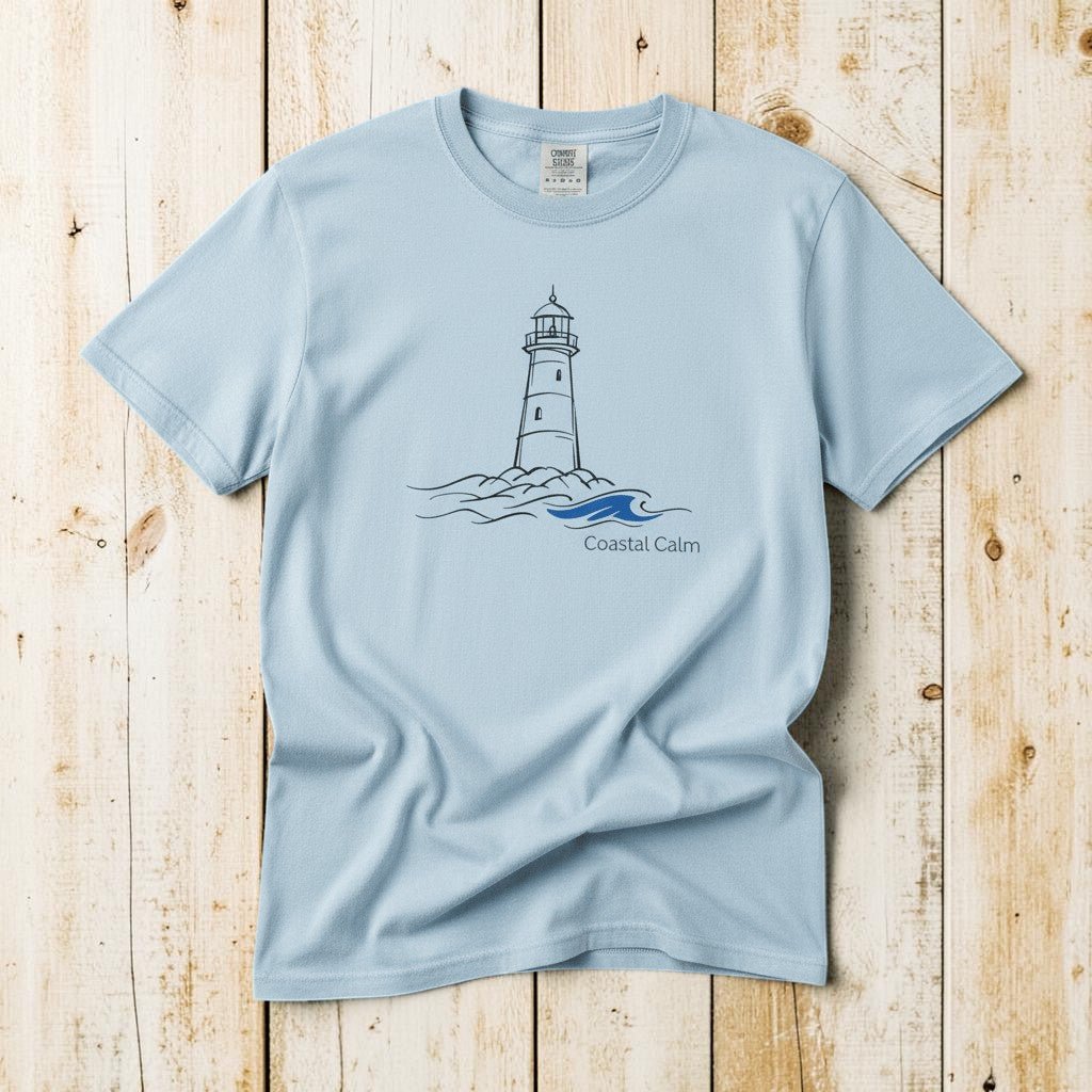 Coastal Calm Lighthouse Blue Sea chambray garment-dyed tee on faded driftwood planks