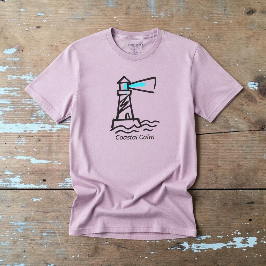 Coastal Calm Lighthouse orchid garment-dyed tee on faded driftwood planks