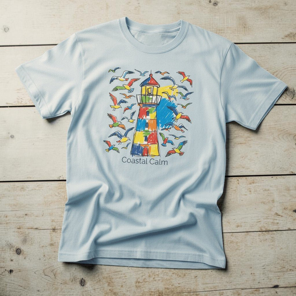 Coastal Calm Summer Lighthouse Seagull chambray garment-dyed tee on faded driftwood planks