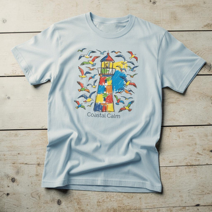 Coastal Calm Summer Lighthouse Seagull chambray garment-dyed tee on faded driftwood planks