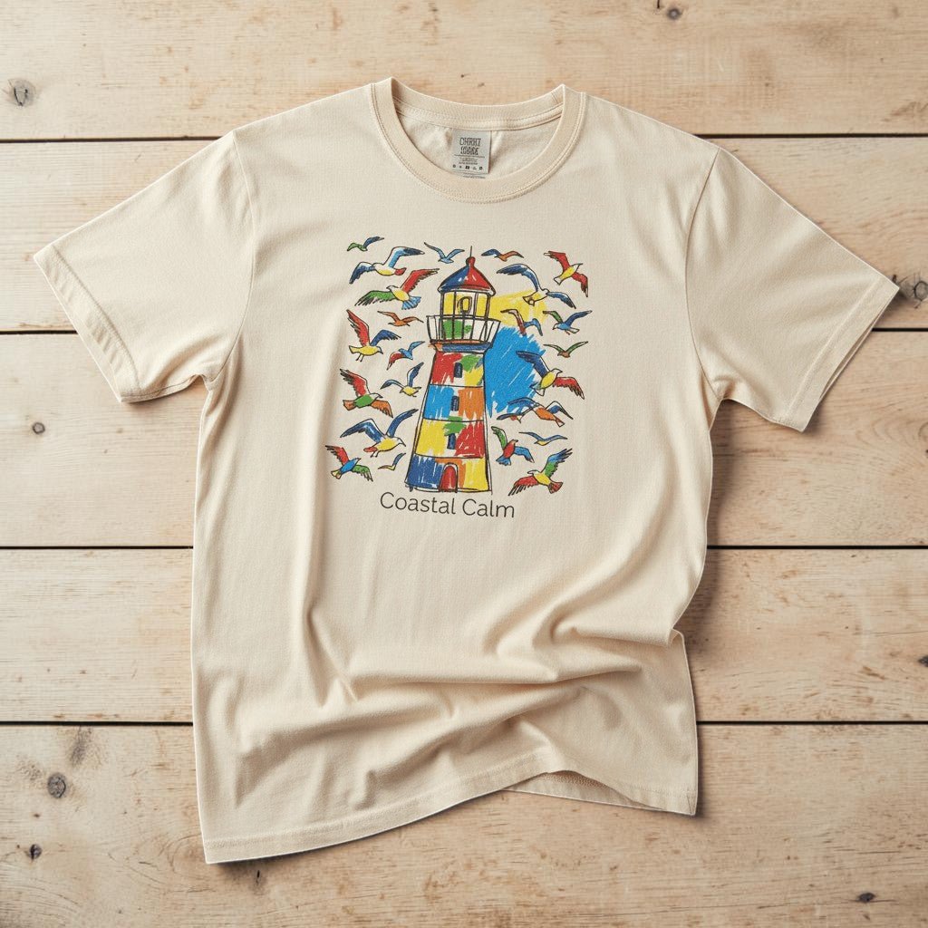 Coastal Calm Summer Lighthouse Seagull ivory garment-dyed tee on faded driftwood planks
