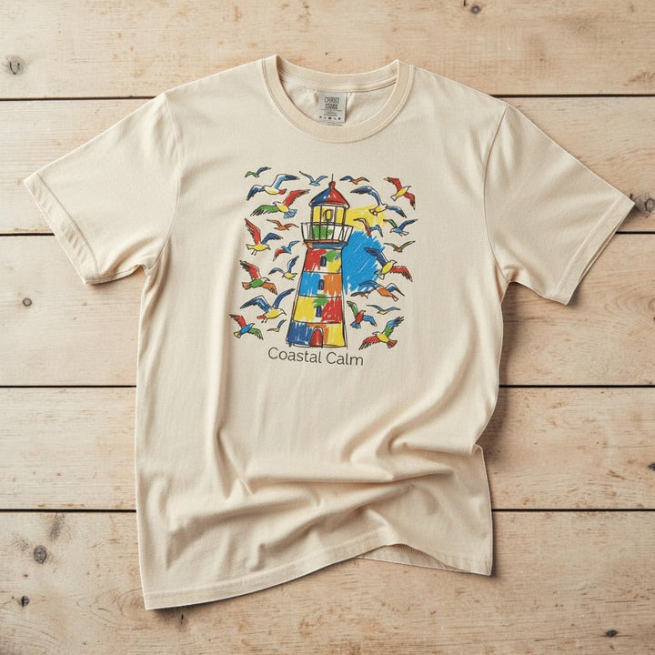 Coastal Calm Summer Lighthouse Seagull ivory garment-dyed tee on faded driftwood planks