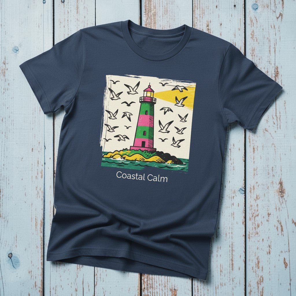 Coastal Calm Lighthouse Nautical Seagulls midnight blue garment-dyed tee on faded driftwood planks