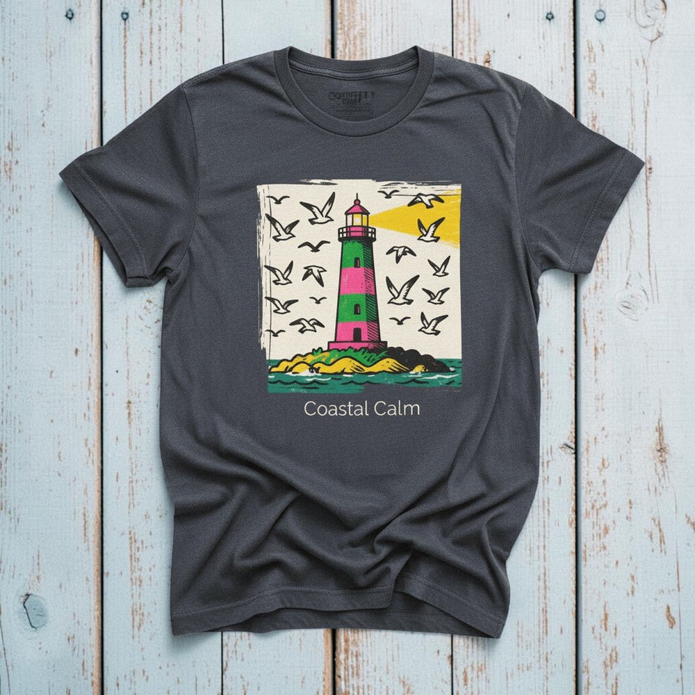 Coastal Calm Lighthouse Nautical Seagulls graphite garment-dyed tee on faded driftwood planks