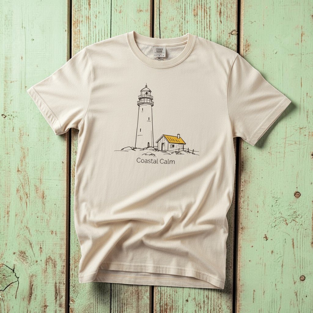 Coastal Calm Lighthouse Watch Hut ivory garment-dyed tee on faded driftwood planks