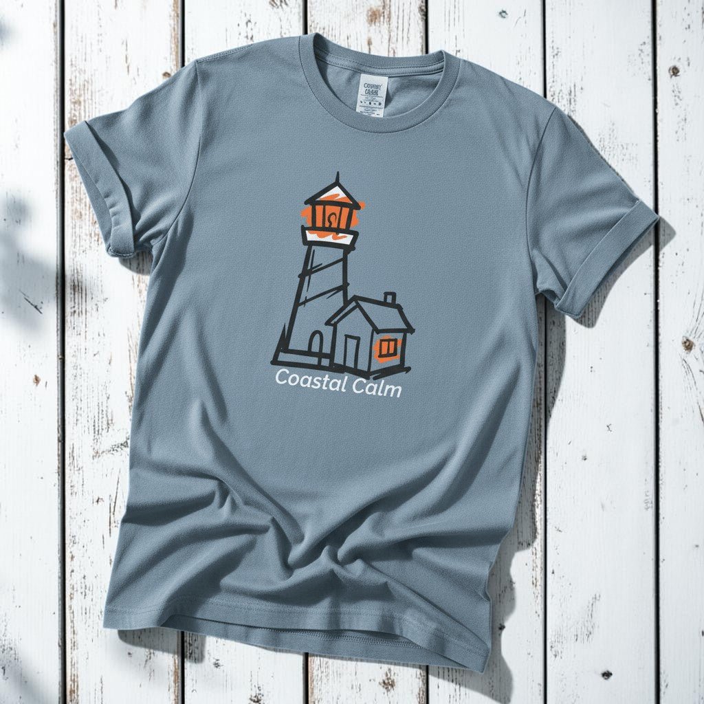 Coastal Calm Orange Lookout Lighthouse blue jean garment-dyed tee on faded driftwood planks
