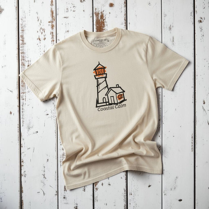 Coastal Calm Orange Lookout Lighthouse ivory garment-dyed tee on faded driftwood planks