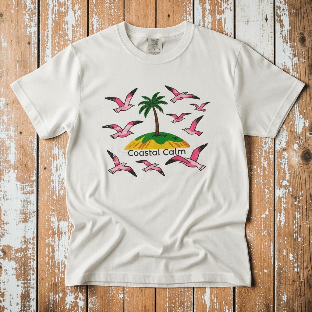 Coastal Calm Palm Tree &amp; Seagulls white garment-dyed tee on faded driftwood planks