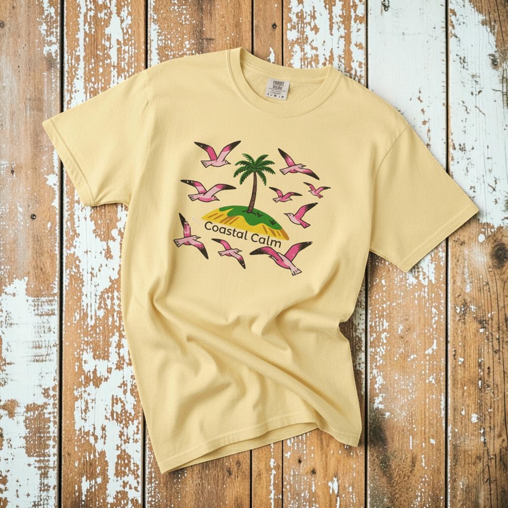 Coastal Calm Palm Tree & Seagulls banana garment-dyed tee on faded driftwood planks