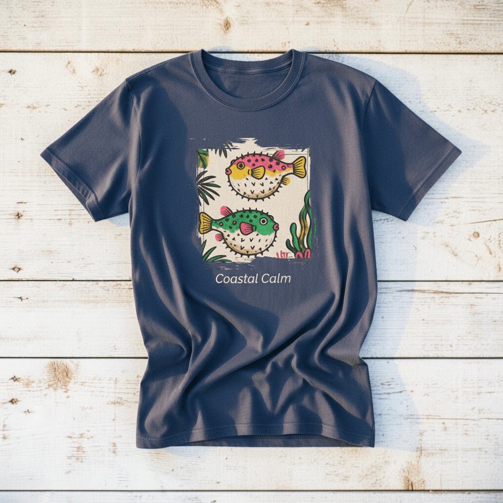 Coastal Calm Pufferfish midnight blue garment-dyed tee on faded driftwood planks