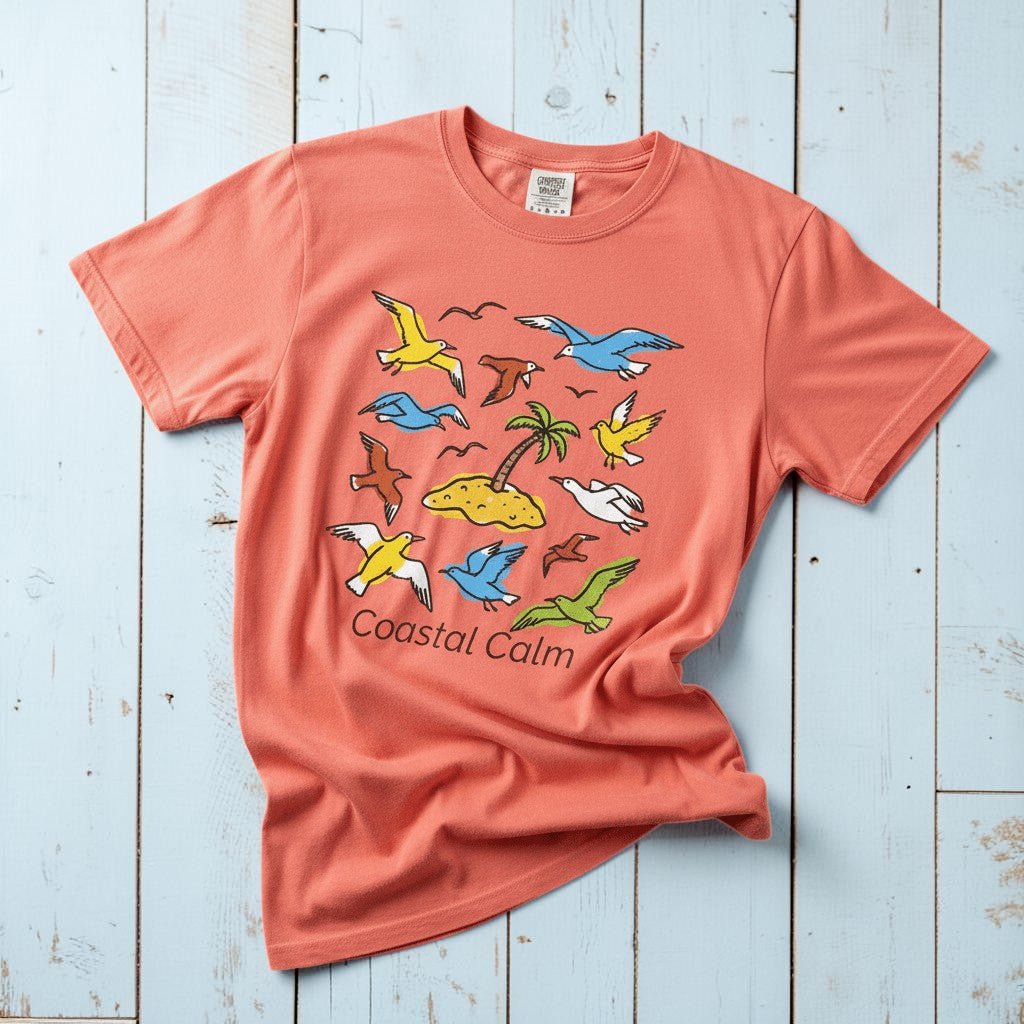 Coastal Calm Sea Birds Take Flight bright salmon garment-dyed tee on faded driftwood planks