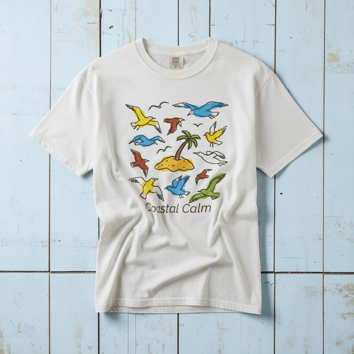 Coastal Calm Sea Birds Take Flight white garment-dyed tee on faded driftwood planks