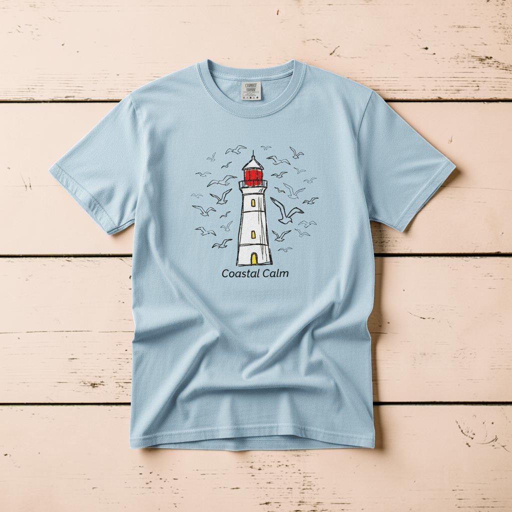 Coastal Calm Seabirds Lighthouse chambray garment-dyed tee on faded driftwood planks
