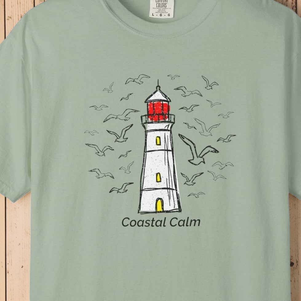 Coastal Calm Seabirds Lighthouse T‑Shirt, Beach Summer Stye Cotton Tee
