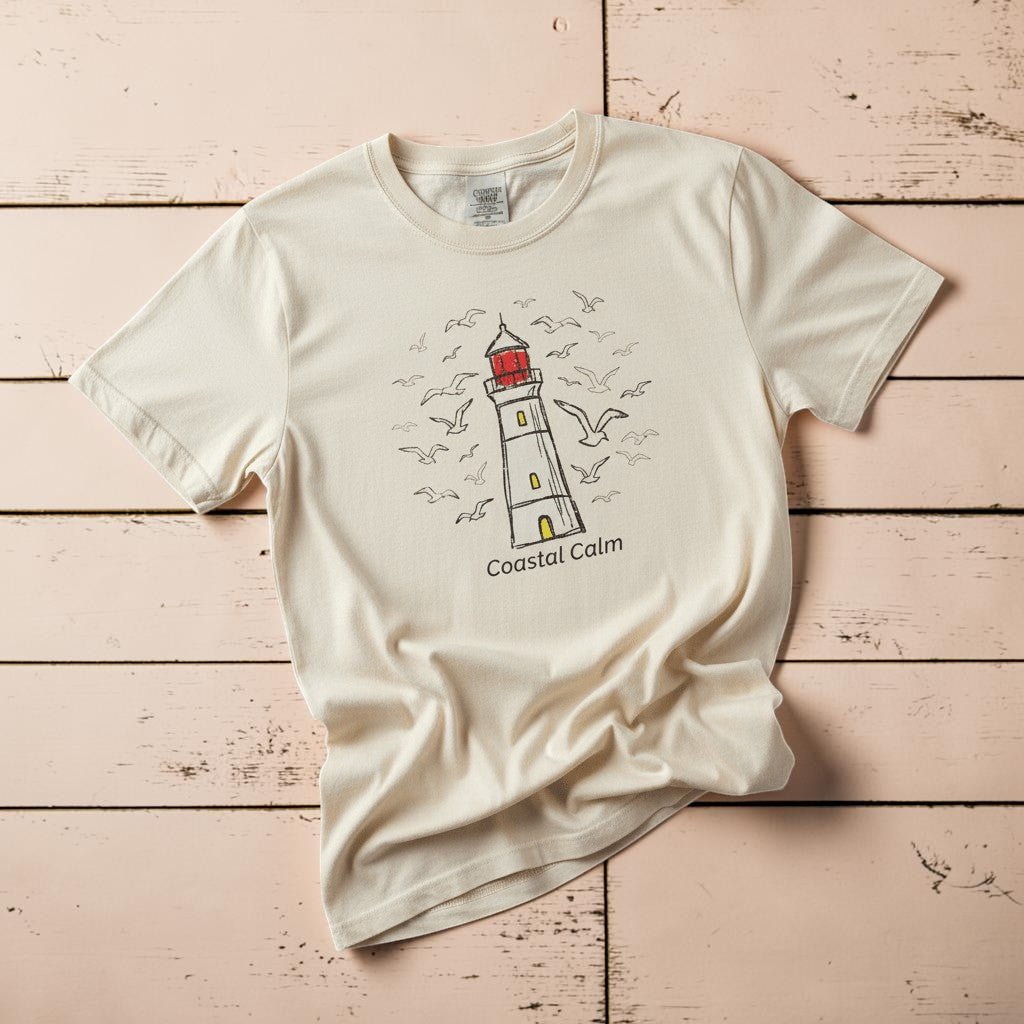 Coastal Calm Seabirds Lighthouse ivory garment-dyed tee on faded driftwood planks