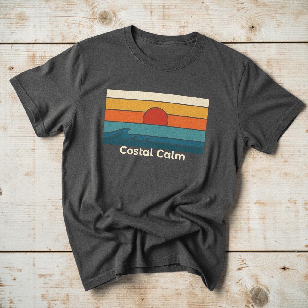 Coastal Calm Sunset Vibes graphite garment-dyed tee on faded driftwood planks