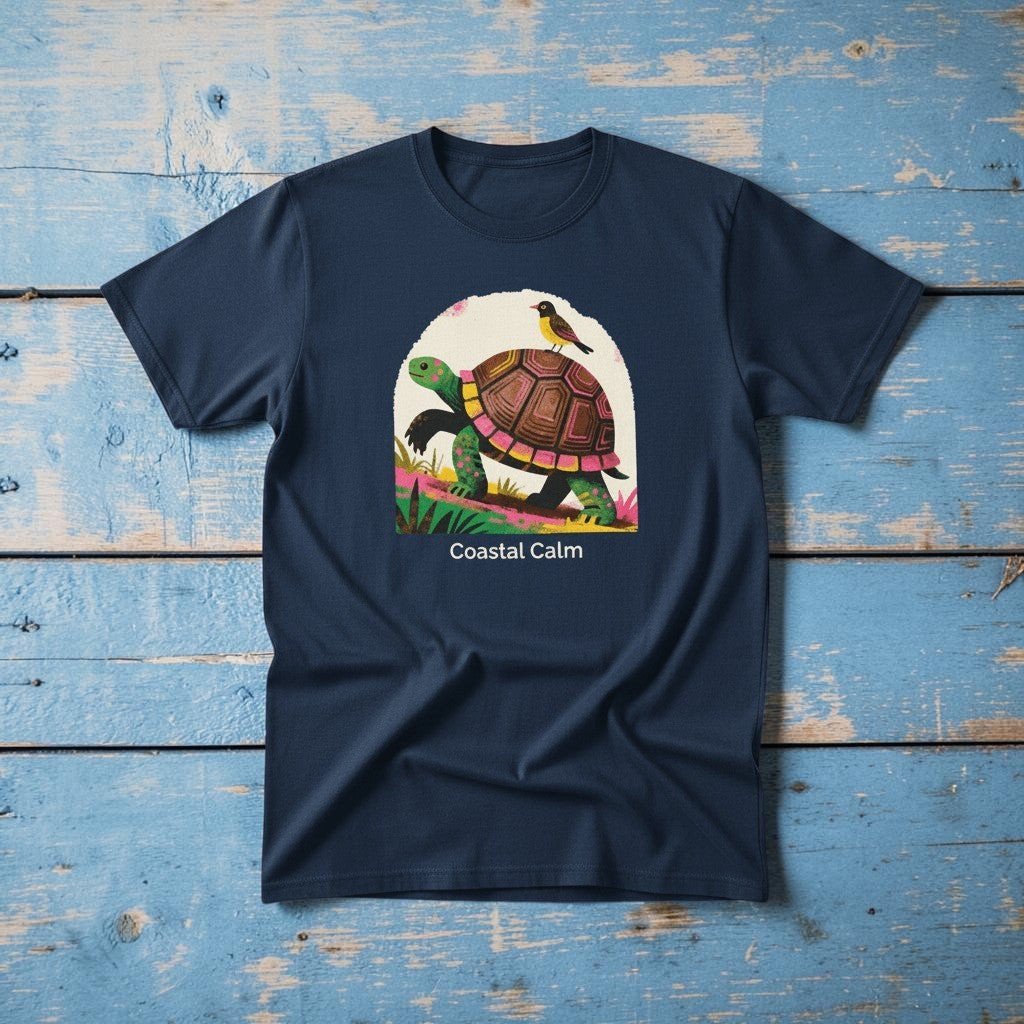 Coastal Calm Turtle Climbing Buddies navy garment-dyed tee on faded driftwood planks