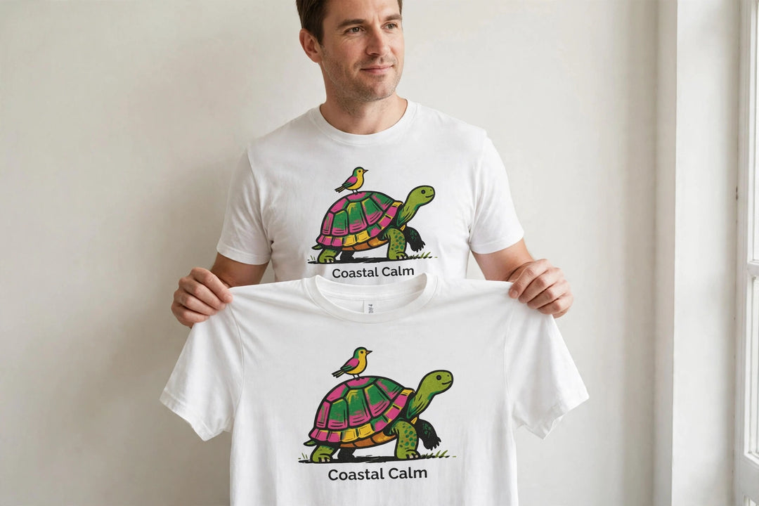 Man wearing the Coastal Calm Turtle Buddies Tee in White, holding up the front print.