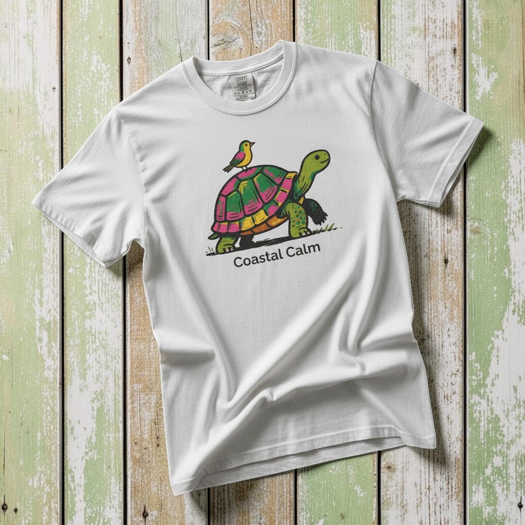 Coastal Calm Turtle Buddies white garment-dyed tee on faded driftwood planks