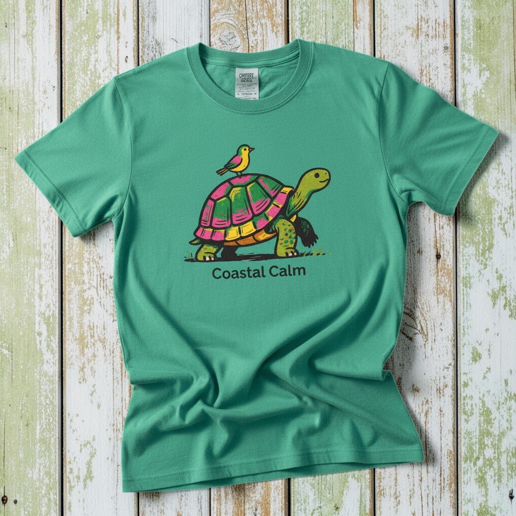 Coastal Calm Turtle Buddies island green garment-dyed tee on faded driftwood planks