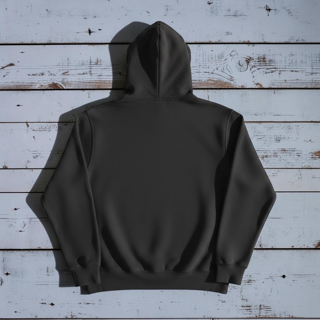 Coastal Lighthouse Hoodie in Pepper — plain back, warm sand studio background