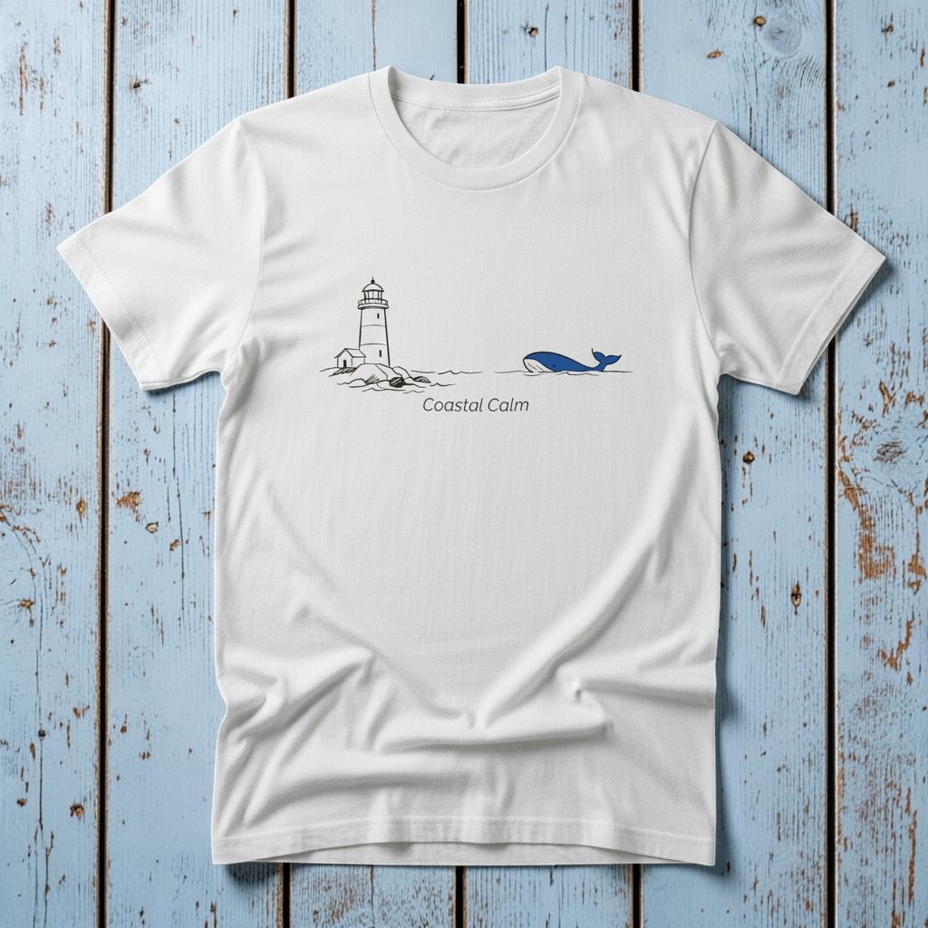 Lighthouse & Whale Coastal Soul white garment-dyed tee on faded driftwood planks