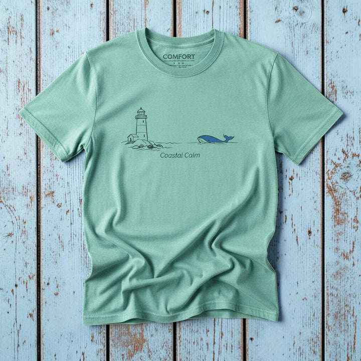 Lighthouse &amp; Whale Coastal Soul island reef garment-dyed tee on faded driftwood planks