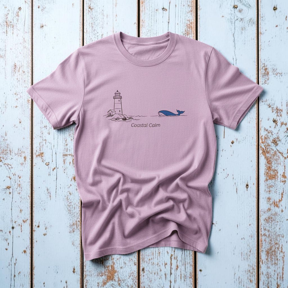 Lighthouse & Whale Coastal Soul orchid garment-dyed tee on faded driftwood planks