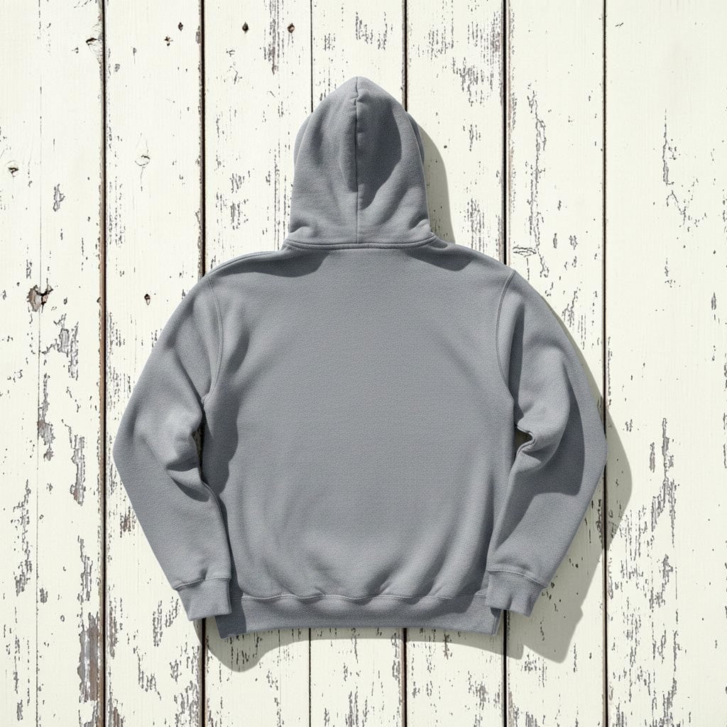 Coastal Vibes Hoodie in Grey — plain back, warm sand studio background
