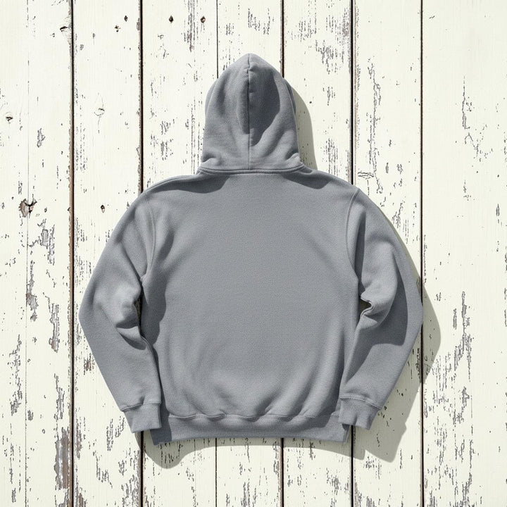Coastal Vibes Hoodie in Grey — plain back, warm sand studio background