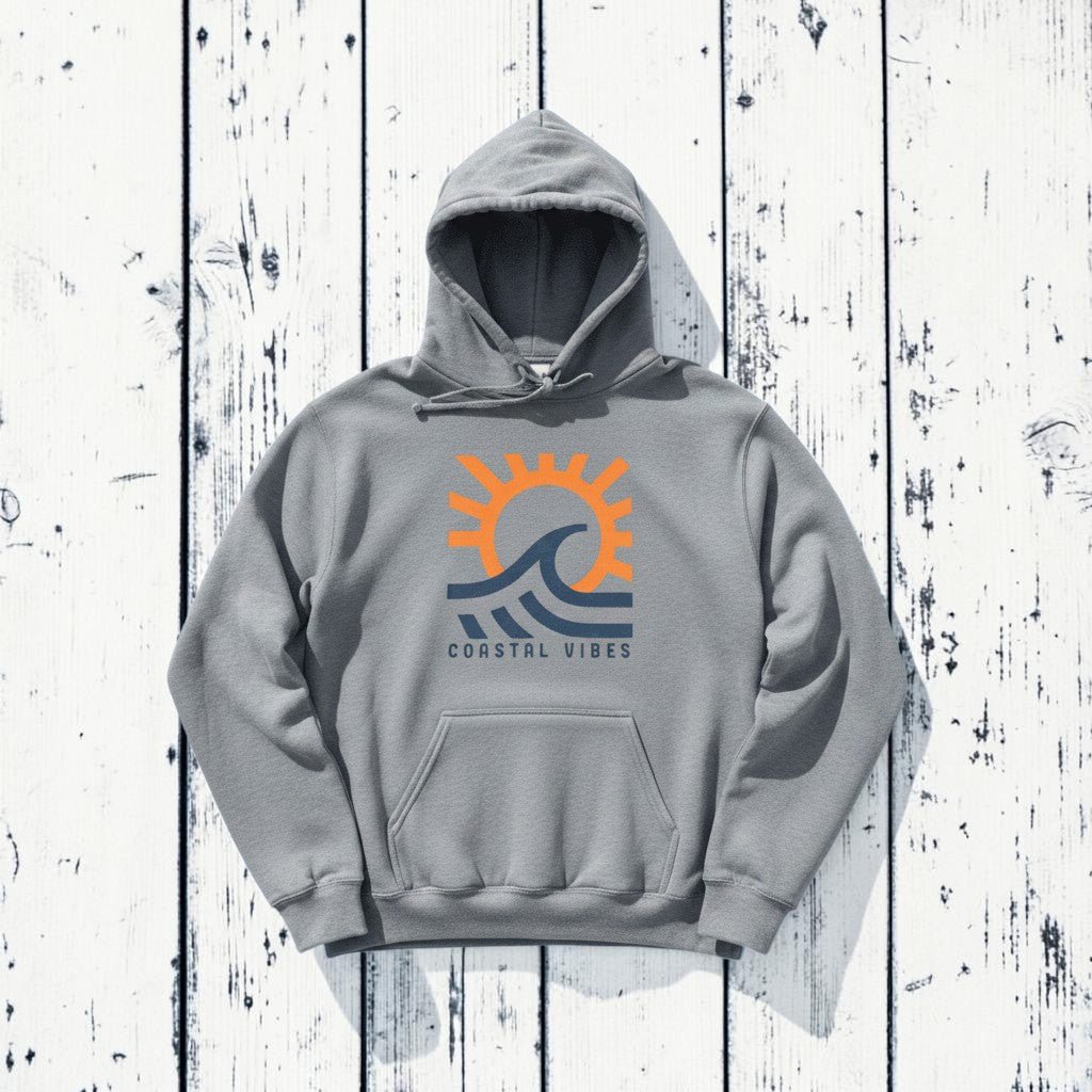Coastal Vibes Hoodie in Grey — front graphic, warm sand studio background