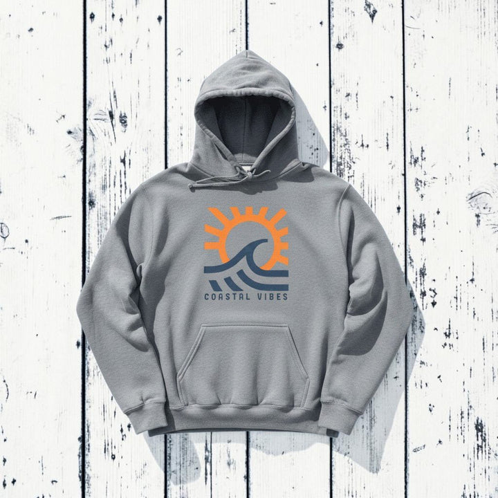 Coastal Vibes Hoodie in Grey — front graphic, warm sand studio background