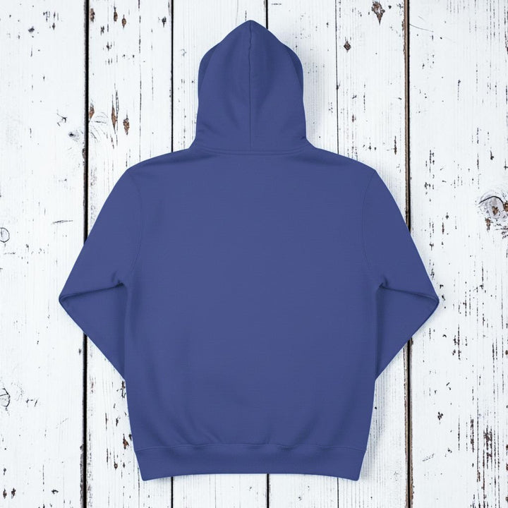Coastal Vibes Hoodie in Flo Blue — plain back, warm sand studio background