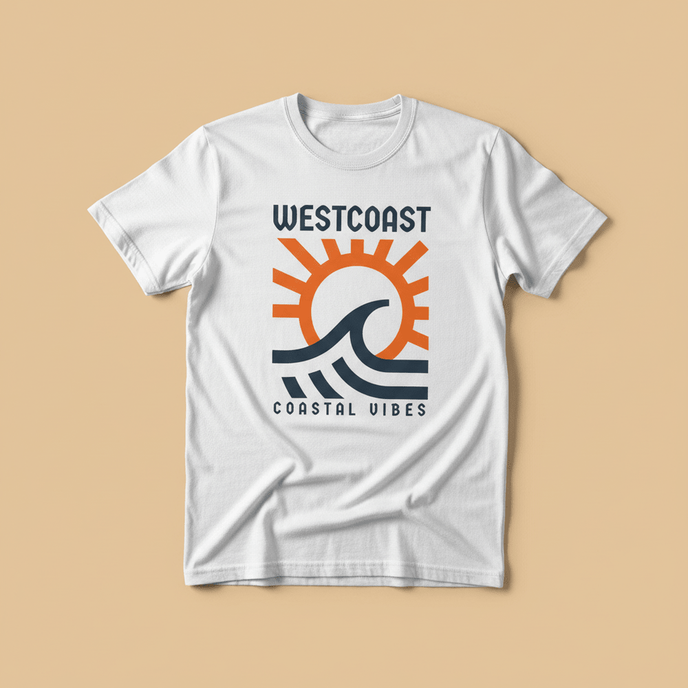Westcoast Coastal Vibes Tee in White — front graphic, warm sand studio background