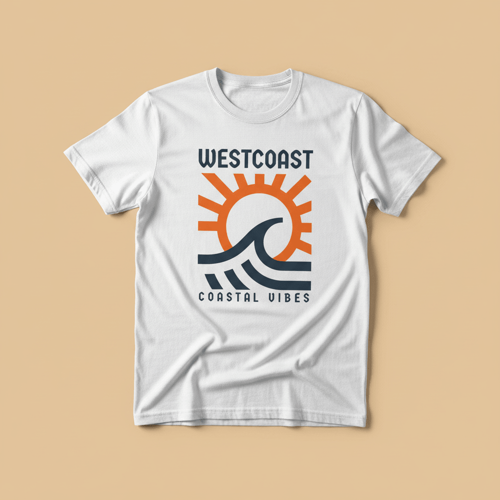 Westcoast Coastal Vibes Tee in White — front graphic, warm sand studio background
