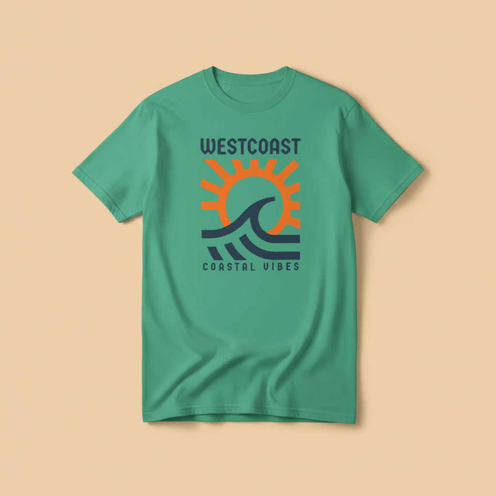Westcoast Coastal Vibes Tee in Island Green — front graphic, warm sand studio background