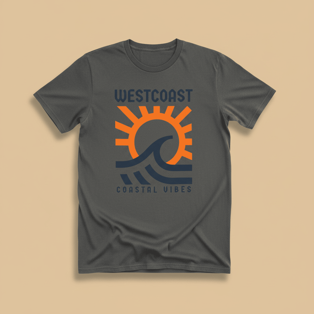 Westcoast Coastal Vibes Tee in Pepper/Charcoal — front graphic, warm sand studio background