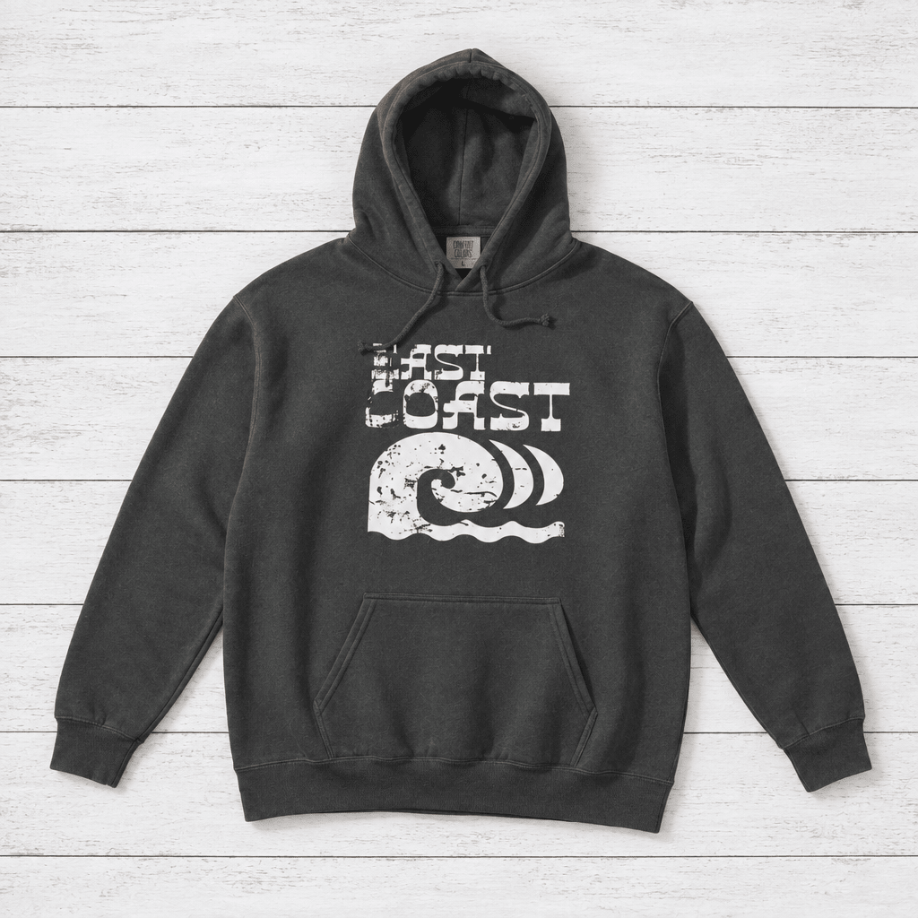 Lost Coast hoodie flat lay, view 1 — vintage wave garment-dyed pullover by Five Tides Apparel