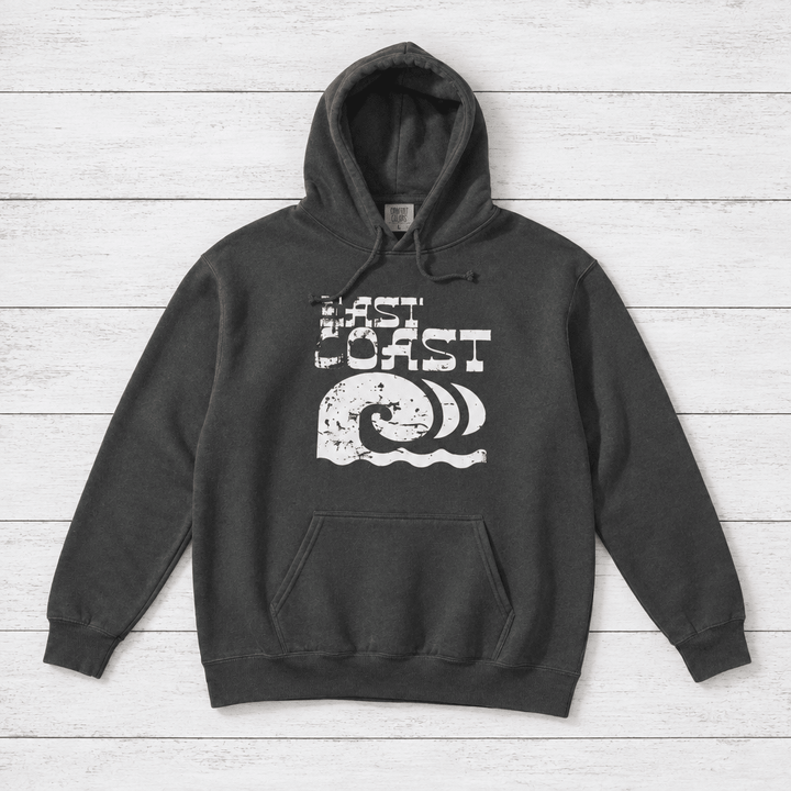 Lost Coast hoodie flat lay, view 1 — vintage wave garment-dyed pullover by Five Tides Apparel