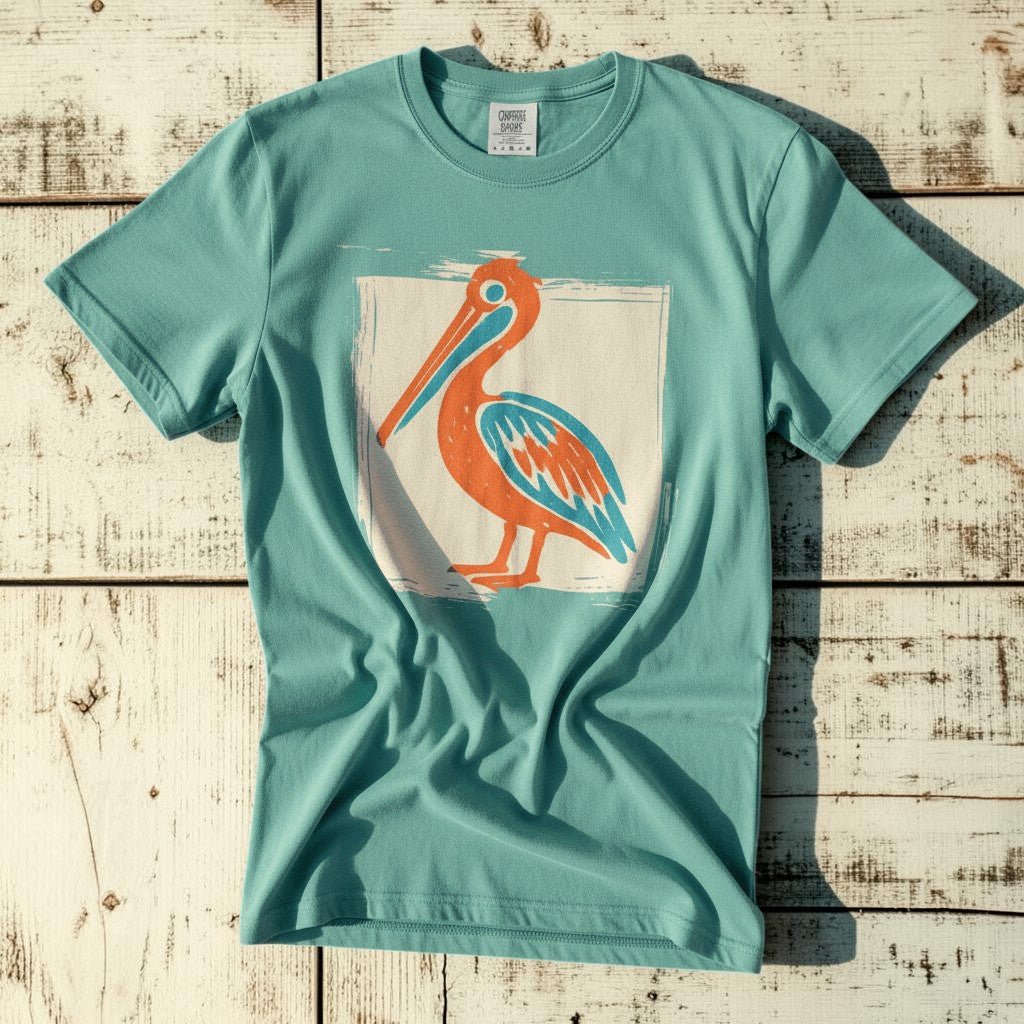 Colorful Beach Pelican seafoam garment-dyed tee on faded driftwood planks
