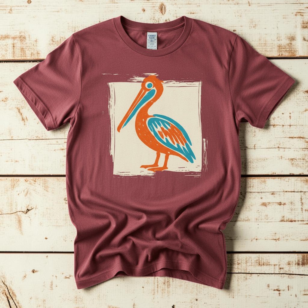 Colorful Beach Pelican chili garment-dyed tee on faded driftwood planks