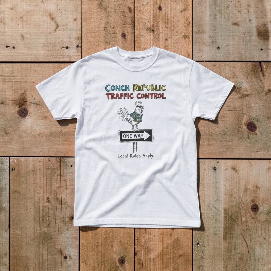 Conch Republic Traffic Control Graphic Tee — Sun Bleached White on Colorful Driftwood