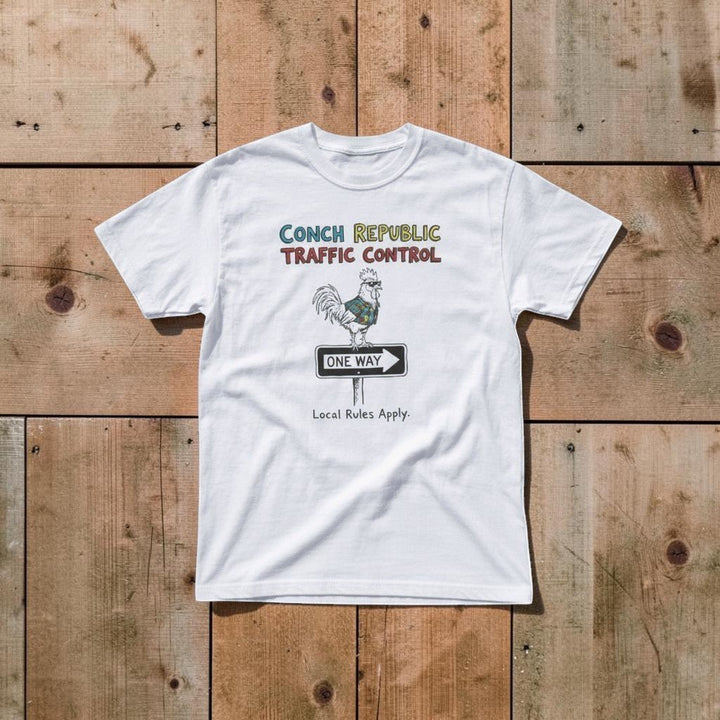 Conch Republic Traffic Control Graphic Tee — Sun Bleached White on Colorful Driftwood