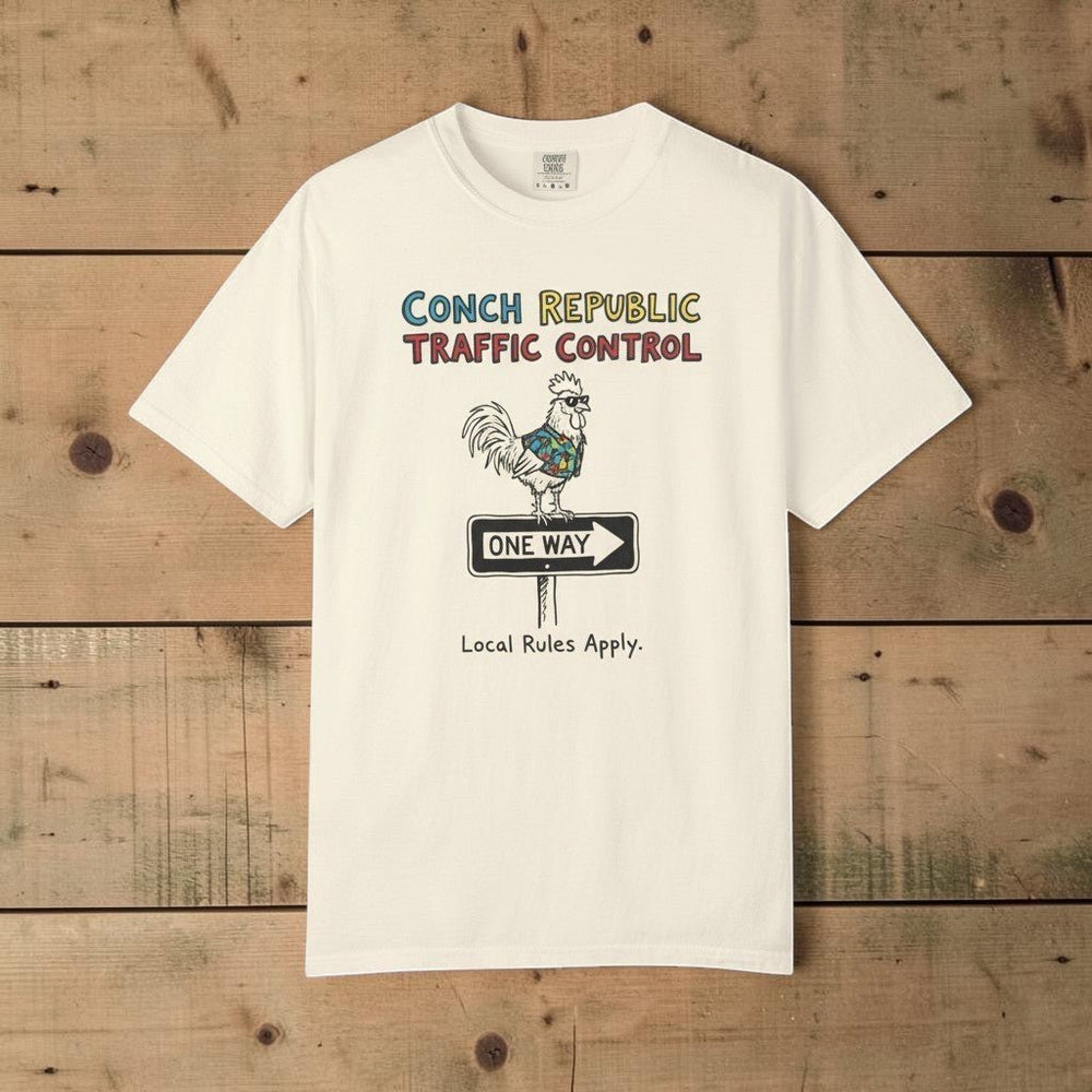 Conch Republic Traffic Control Graphic Tee — Ivory on Colorful Driftwood