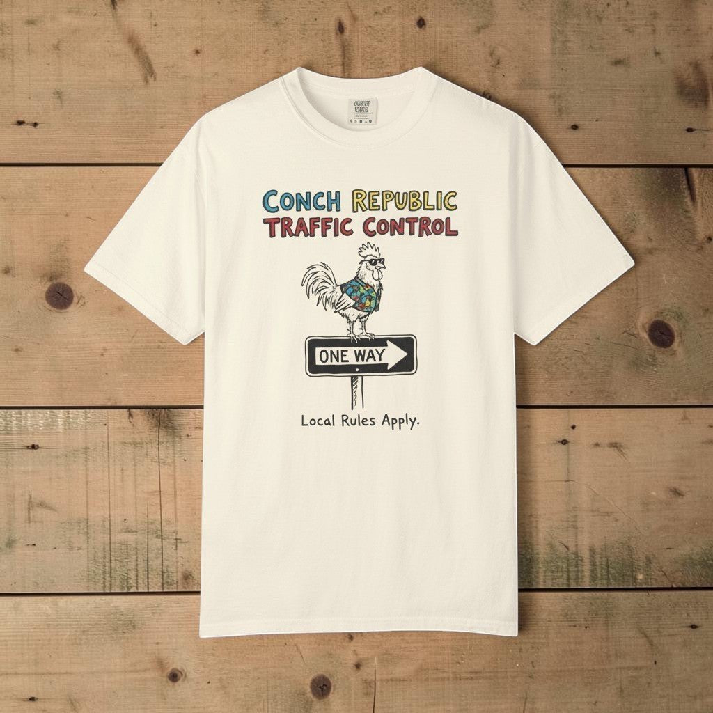 Conch Republic Traffic Control Graphic Tee — Ivory on Colorful Driftwood