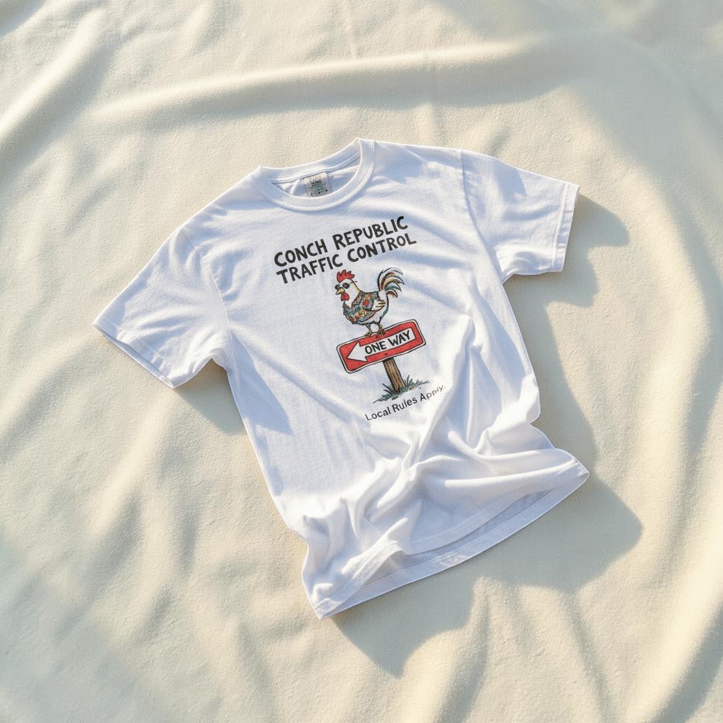 Conch Republic Traffic Control white garment-dyed tee on light cracked cement with wet marks