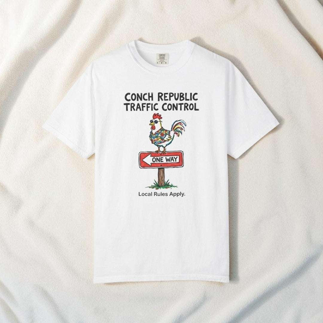 Conch Republic Traffic Control Tee | Garment-Dyed Key West Rooster Graphic - FIVE TIDES APPAREL