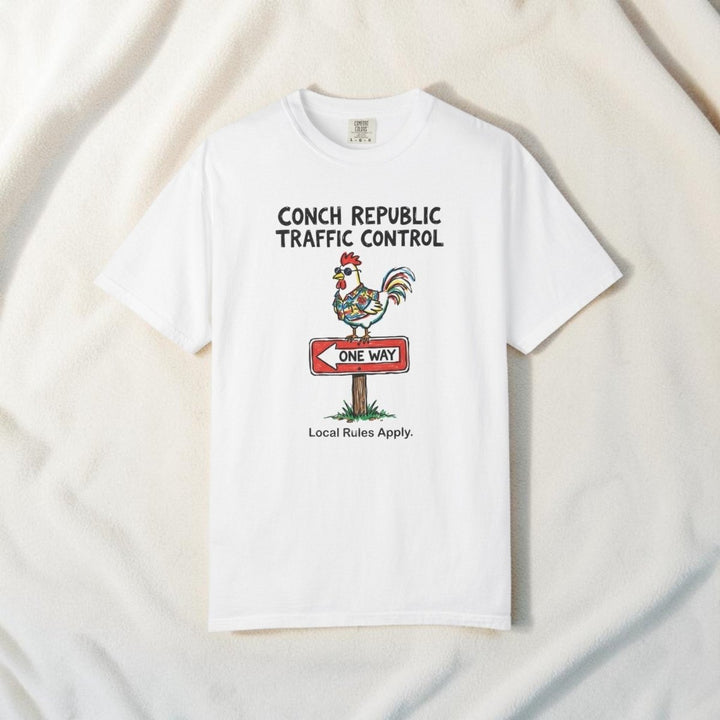 Conch Republic Traffic Control Tee | Garment-Dyed Key West Rooster Graphic - FIVE TIDES APPAREL