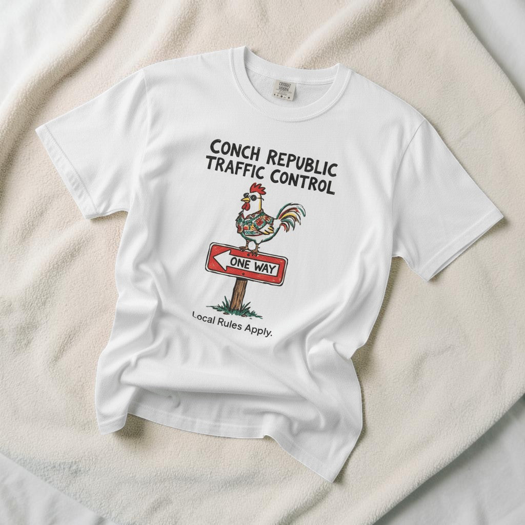Conch Republic Traffic Control white garment-dyed tee on faded driftwood planks